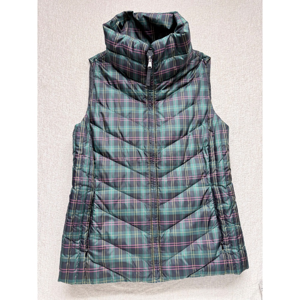 Talbots Womens Green Plaid Quilted Puffer Vest Small Full Zip Funnel Neck Vest